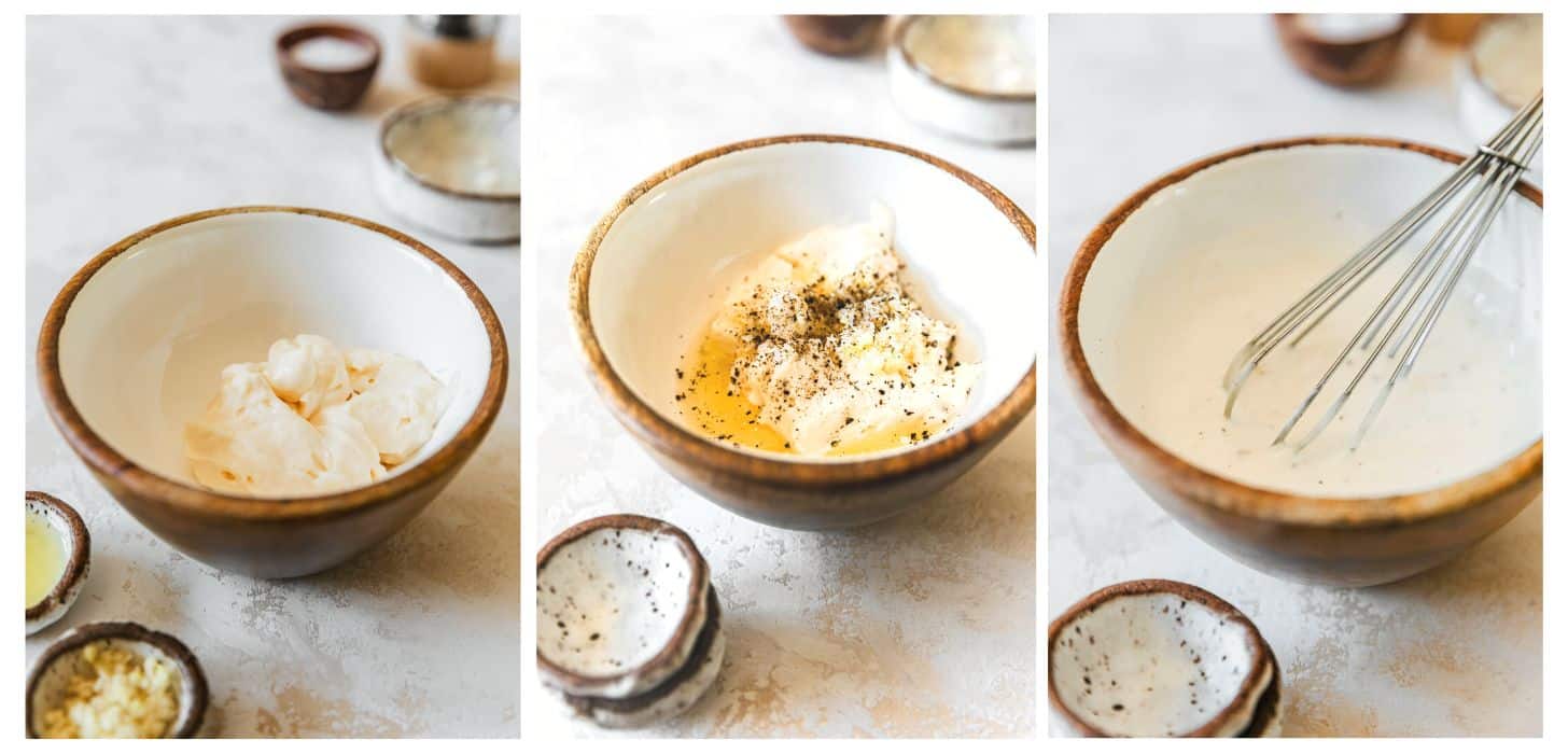 Three steps to making garlic aioli. In photo 1, mayo is in a wood bowl on a beige counter next to brown and white bowls of lemon juice, garlic, and salt. In photo 2, the mayo is topped with garlic, lemon juice, salt, and pepper. In photo 3, the aioli is whisked.
