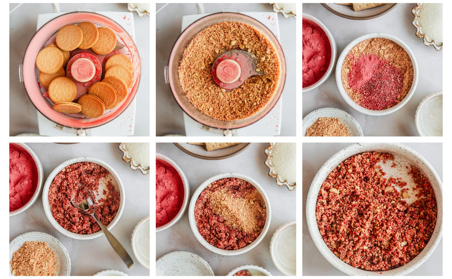 Six steps to making strawberry crunch topping. In photo 1, a food processor with golden Oreos is on a pink counter. In photo 2, the Oreos are crushed. In photo 3, a white bowl of Golden Oreo crumbs and strawberry powder is on a pink counter next to white bowls of sugar, strawberry powder, graham crackers, and butter. In photo 4, the crumbs are mixed together. In photo 5, the crumbs are topped with plain golden Oreo crumbs. In photo 6, the topping is mixed together.