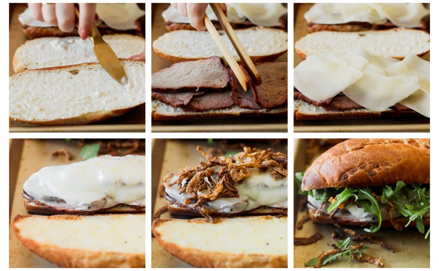 Six steps to making steak sandwiches. In photo 1, a hand uses a gold knife to spread garlic aioli on a roll placed on a gold sheet pan. In photo 2, the hand uses wood tongs to lay steak on the roll. In photo 3, the steak is topped with provolone. In photo 4, he provolone is melted. In photo 5, the sandwich is topped with frizzled onions. In photo 6, the sandwich is topped with arugula and a bun.