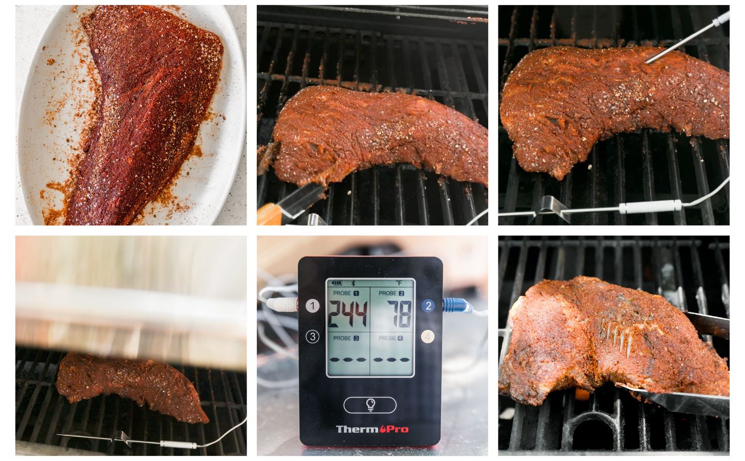 Six steps to smoking tri-tip on the grill. In photo 1, a white tray of seasoned tri-tip on a white counter. In photo 2, tongs place tri-tip on a grill. In photo 3, a hand inserts a thermometer into the tri-tip. In photo 4, a hand closes the lid of the grill. In photo 5, a temperature gauge on a grill. In photo 6, tongs sear tri-tip on a grill.