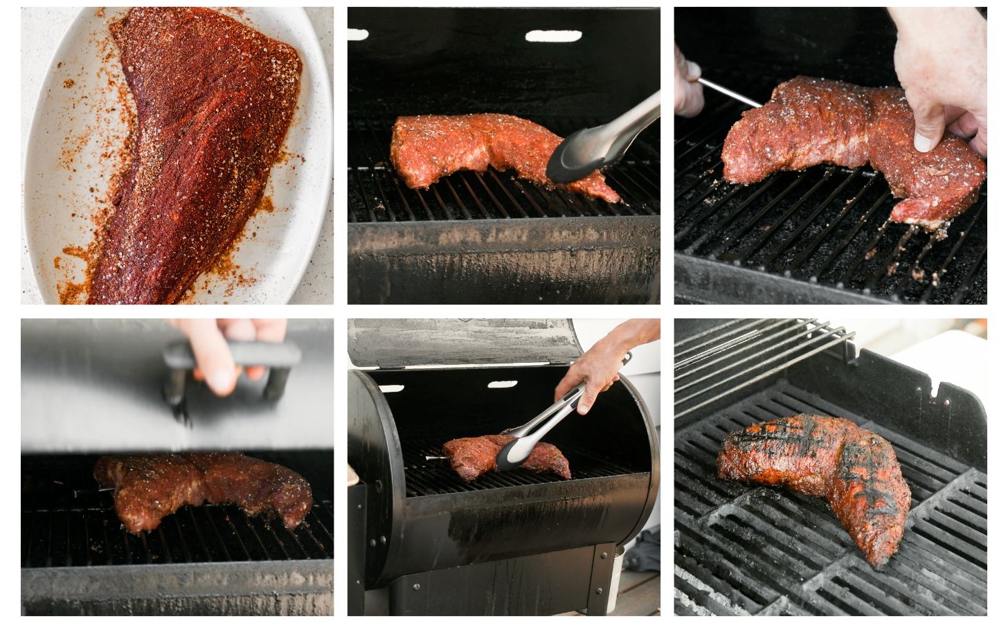 Six tips to making smoked tri-tip. In photo 1, a white tray has a marinated tri-tip on a white counter. In photo 2, tongs place tri-tip on a smoker. In photo 3, hands insert a thermometer into the tri-tip. In photo 4, a hand closes the lid of the smoker. In photo 5, a hand uses tongs to remove the tri-tip from the smoker. In photo 6, the tri-tip sears on a grill.