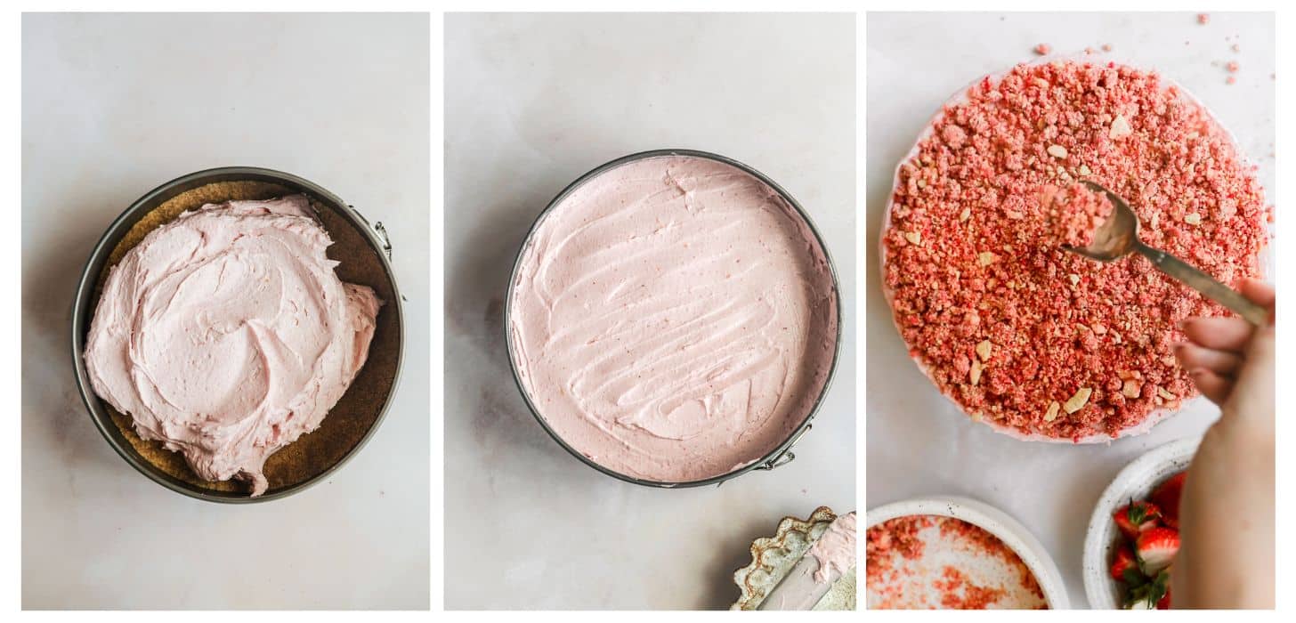 Three steps to making no-bake strawberry crunch cheesecake. In photo 1, the spgringform pan with graham cracker crust is topped with the strawberry filling on a pink counter. In photo 2, the filling is smoothed over the crust. In photo 3, a hand sprinkles strawberry crunch topping over the cheesecake.