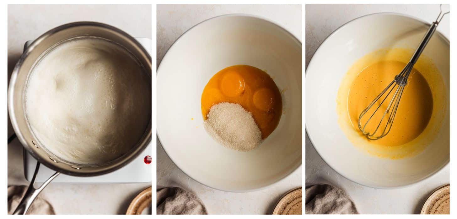 Three steps to making custard. In photo 1, cream simmers in a silver pan on a beige counter. In photo 2, a white bowl of egg yolks and sugar. In photo 3, the egg yolks are mixed with a whisk.