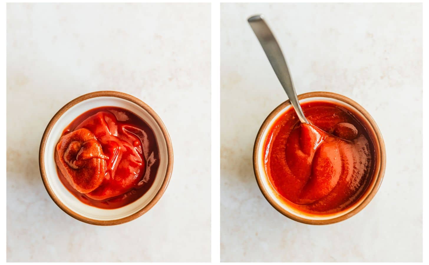 Two steps to making spicy ketchup. In photo 1, a white and brown bowl is filled with ketchup and hot sauce on a beige counter. In photo 2, the sauce is mixed with a silver spoon.