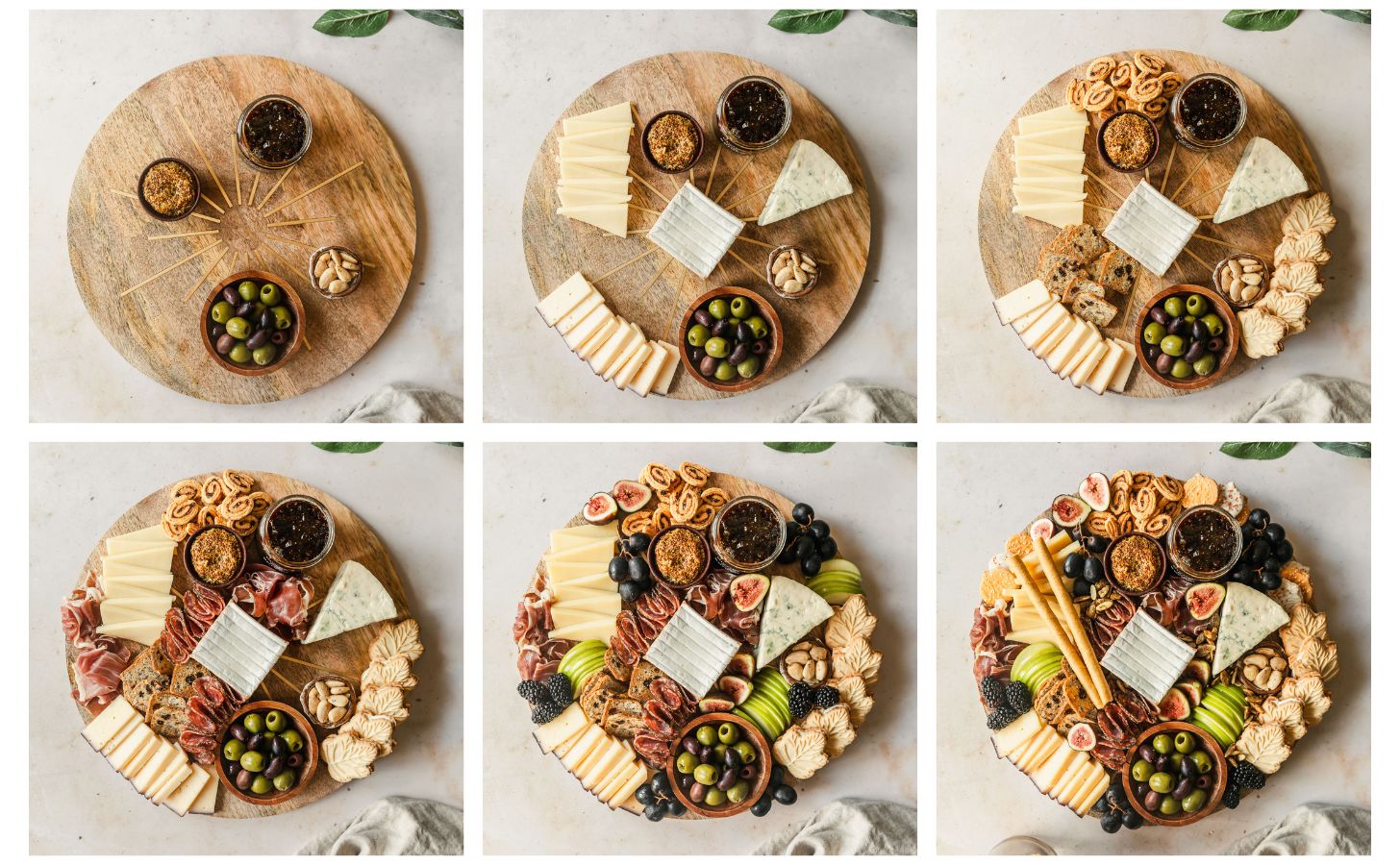 Six steps to making a grazing platter. In photo 1, a wood board is topped with wood bowls of olives, mustard, almonds, and jam on a beige counter next to greenery. In photo 2, the board has 4 cheeses on top. In photo 3, the board has crackers and cookies. In photo 4, the board has meats. In photo 5, the board has nuts and fruit. In photo 6, the board is topped with figs and pepitas.