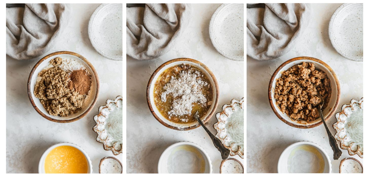 Three steps to making brown butter streusel. In photo 1, a wood bowl of flour, brown sugar, and cinnamon is on a beige counter next to white and brown bowls, a white bowl of butter, and a beige linen. In photo 2, the butter is added to the flour mixture. In photo 3, the wood bowl is filled with streusel.