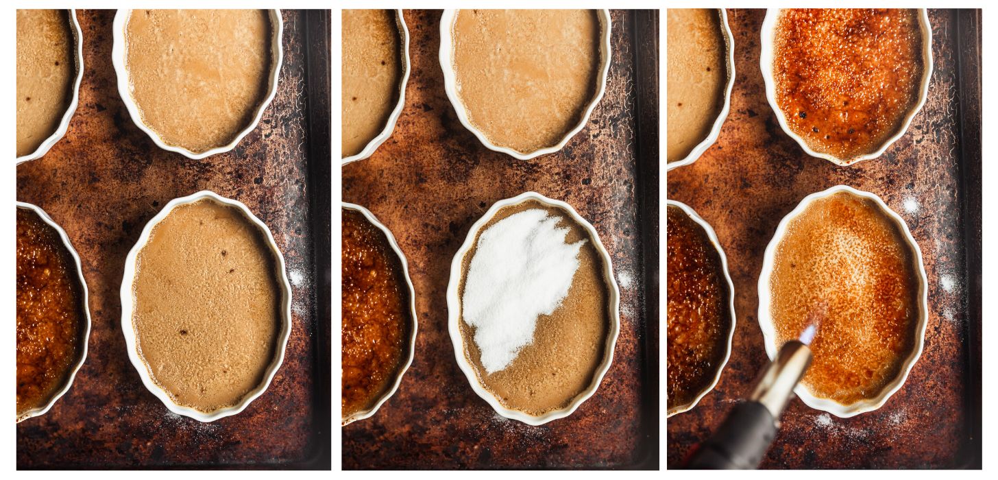 Three steps to caramelizing custard. In photo 1, four ramekins of baked custard on a gold sheet pan. In photo 2, one of the ramekins is sprinkled with sugar. In photo 3, a torch caramelizes the sugar.