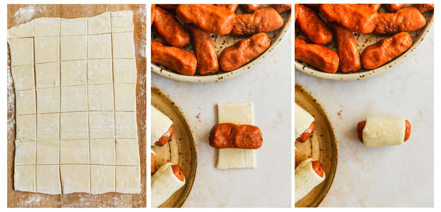 Three steps to making rolled sausages. In photo 1, dough is rolled and sliced on a wood board. In photo 2, a mini sausage is placed on a square of dough on a beige counter next to a white plate of sausages and brown plate of rolled sausages. In photo 3, the sausage is rolled in dough.