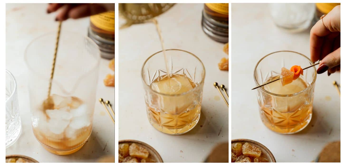 Three steps to making a whiskey drink. In photo 1, a hand mixes whiskey and ice in a cocktail mixing glass on a tan counter next to a bottle of whiskey and a glass. In photo 2, the cocktail is being strained over an ice cube in a glass. In photo 3, the hand garnishes the cocktail with an orange peel.
