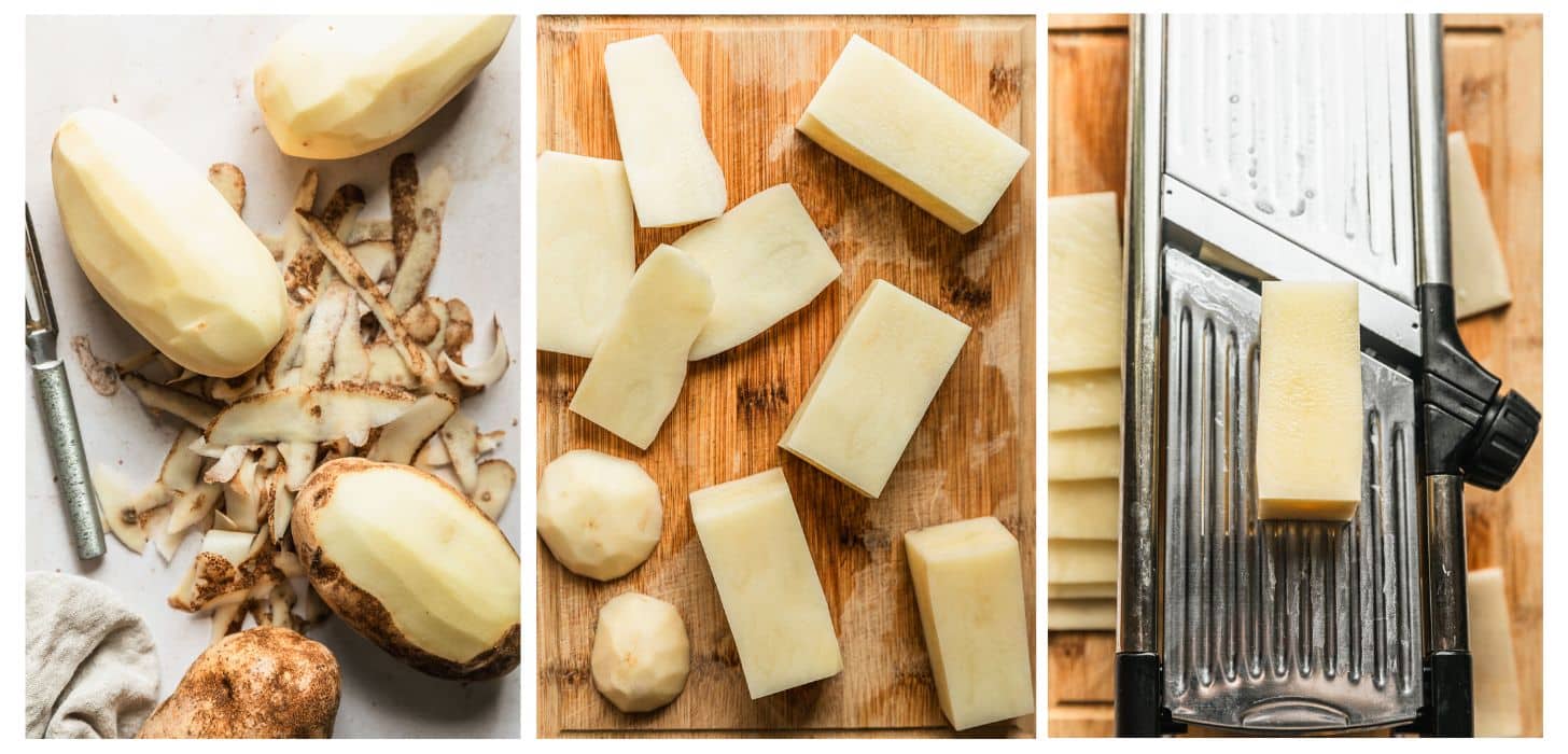 Three steps to prepping domino potatoes. In photo 1, peeled potatoes are placed on top of potato peels next to a vegetable peeler on a beige counter. In photo 2, cubed potatoes are placed on a wood board. In photo 3, the potato cubes are being sliced on a mandoline.