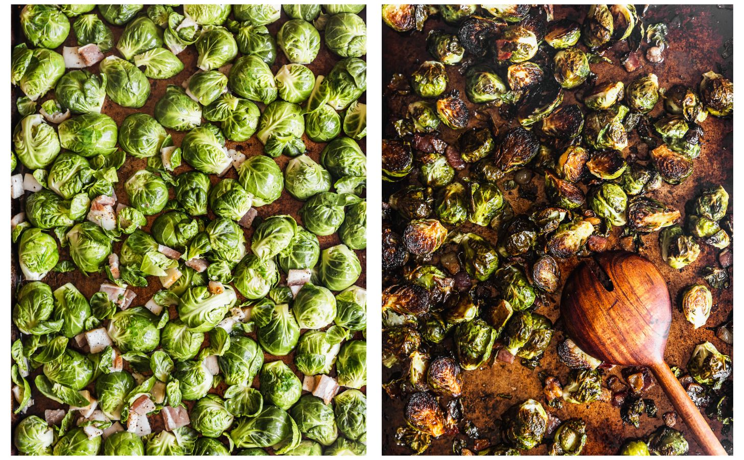 Two steps to making charred veggies. In photo 1, raw sprouts and bacon on a gold sheet pan. In photo 2, a wood spoon is mixing the cooked sprouts with vinaigrette.