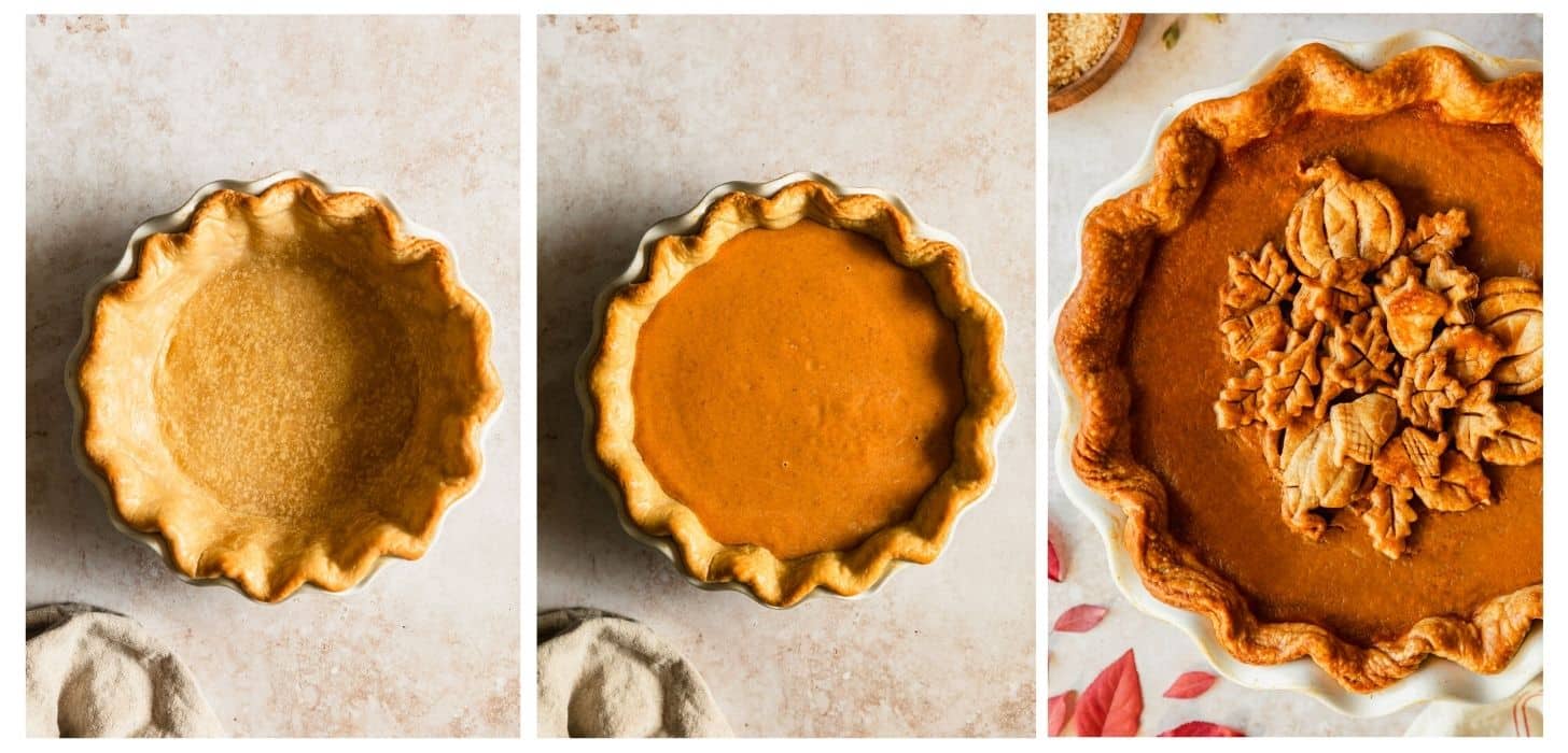 Three steps to making pumpkin custard pie with cardamom. In photo 1, a par-baked pie crust is placed on a  beige counter. In photo 2, the crust is filled with the pumpkin custard. In photo 3, the pie is baked and decorated with pie dough leaves.