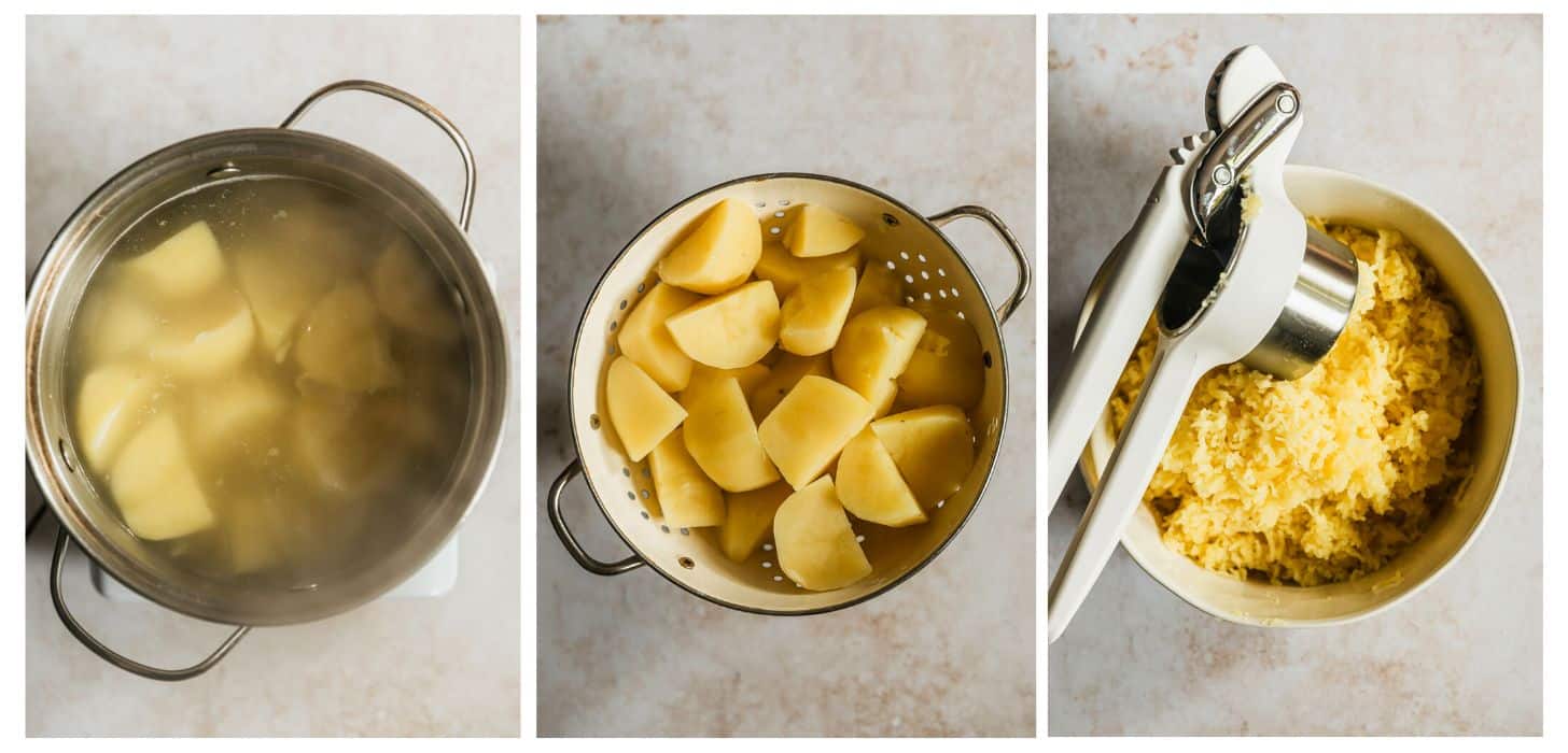 Three steps to ricing potatoes. In photo 1, potatoes are boiling in a silver pot on a beige counter. In photo 2, the potatoes are drained in a colander. In photo 3, the potatoes are being riced into a white bowl.