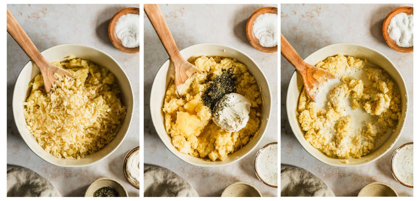 Three steps to making cheesy garlic mashed potatoes. In photo 1, a bowl of riced potatoes and cheddar is on a beige counter next to a wood bowl of salt, white bowl of rosemary, and beige linen. In photo 2, the potatoes have rosemary and creme fraiche in them. In photo 3, the potatoes are being mixed with half and half.