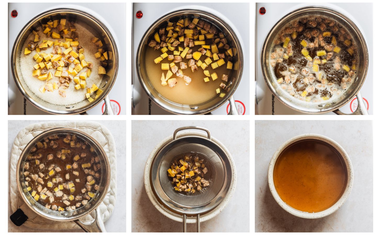 Six steps to making ginger syrup. In photo 1, a silver pot has fresh ginger and sugar. In photo 2, the pot has water in it. In photo 3, the syrup is boiling. In photo 4, the syrup is steeping on a beige counter. In photo 5, the syrup is being strained into a white bowl. In photo 6, the syrup is in a white bowl on a beige counter.