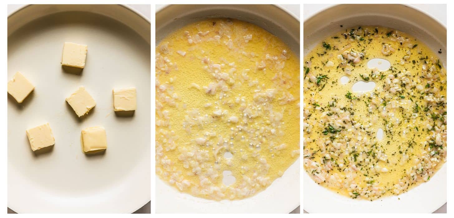 Three steps to making shallot herb butter. In photo 1, pats of butter are sitting in a white pan. In photo 2, the butter is melted and sautéed with shallots. In photo 3, herbs have been added to the butter.