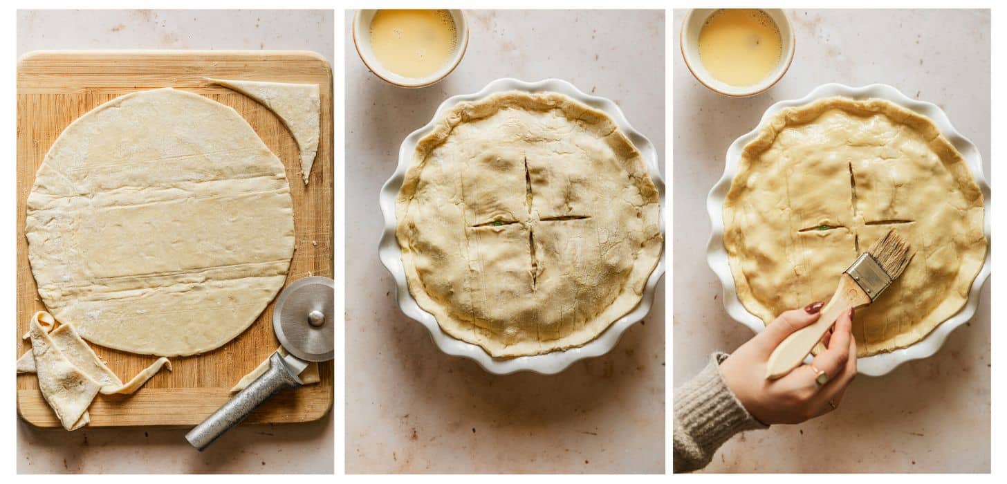 Three steps to assembling pot pie. In photo 1, a circle of dough is placed on a wood board next to a pizza cutter with a tan background. In photo 2, the crust is on top of the pie. In photo 3, a hand brushes the crust with egg wash.