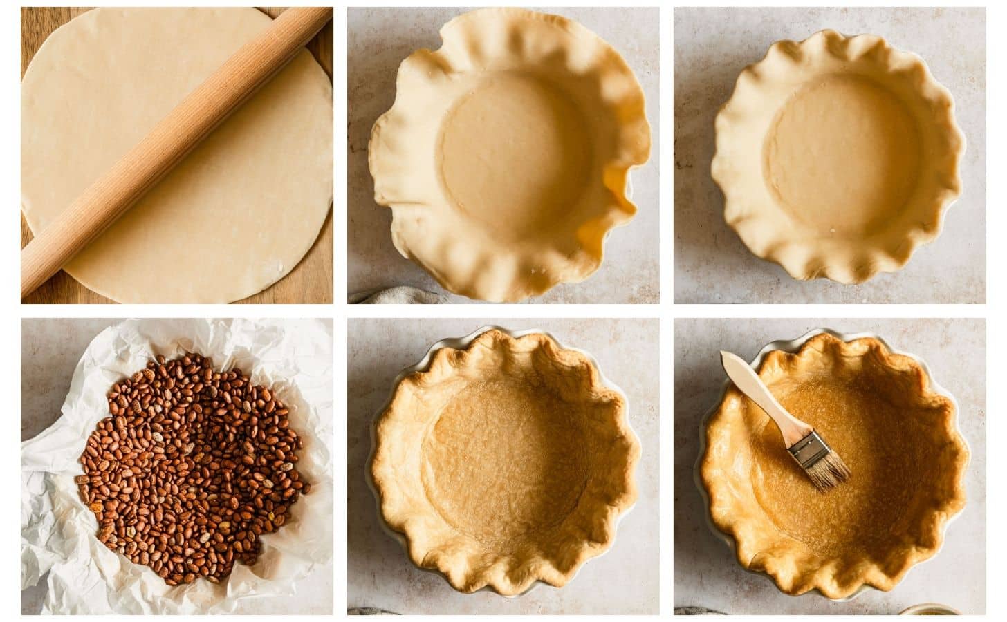 Six steps to par-baking pie crust. In photo 1, pie dough is rolled on a wood board. In photo 2, the pie dough is in a pie plate on a beige counter. In photo 3, the pie dough edges are crimped. In photo 4, the pie dough is filled with parchment paper and beans. In photo 5, the pie dough is par-baked. In photo 6, the pie dough is being brushed with egg wash.