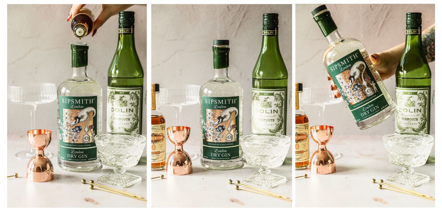 Three steps to making bottled cocktails. In photo one, a hand pours bitters into a bottle of gin on a beige counter next to a bottle of vermouth, cocktail glass, and copper shot glass. In photo 2, the bottle of gin is corked. In photo 3, a hand shakes the bottle of gin.