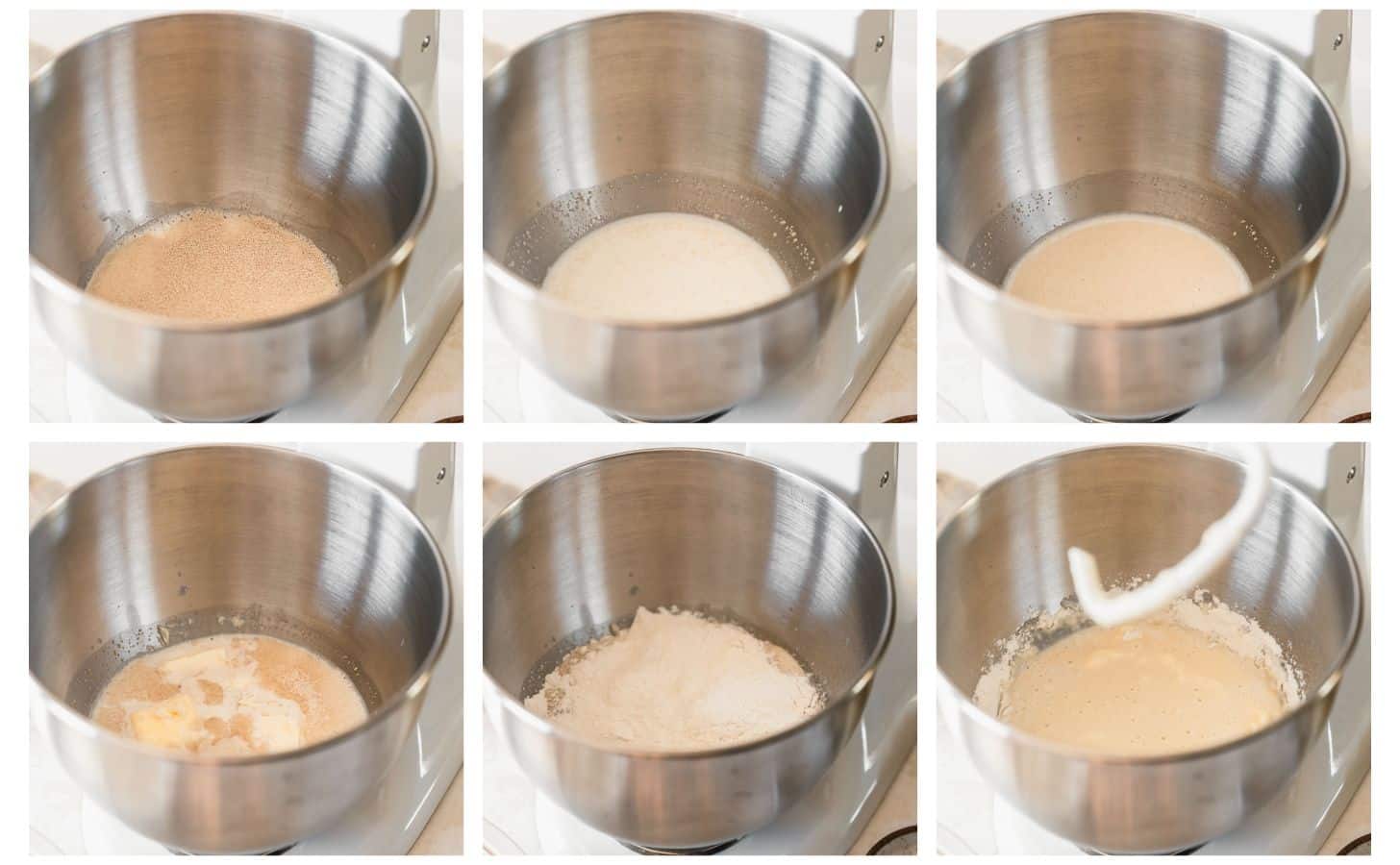 Six steps to making bread dough. In photo 1, a mixing bowl has milk, sugar, and yeast in it. In photo 2, the milk and yeast is mixed together. In photo 3, the yeast is puffy. In photo 4, the mixture has an egg and butter in it. In photo 5, the bowl has flour in it. In photo 6, the mixture is combined.