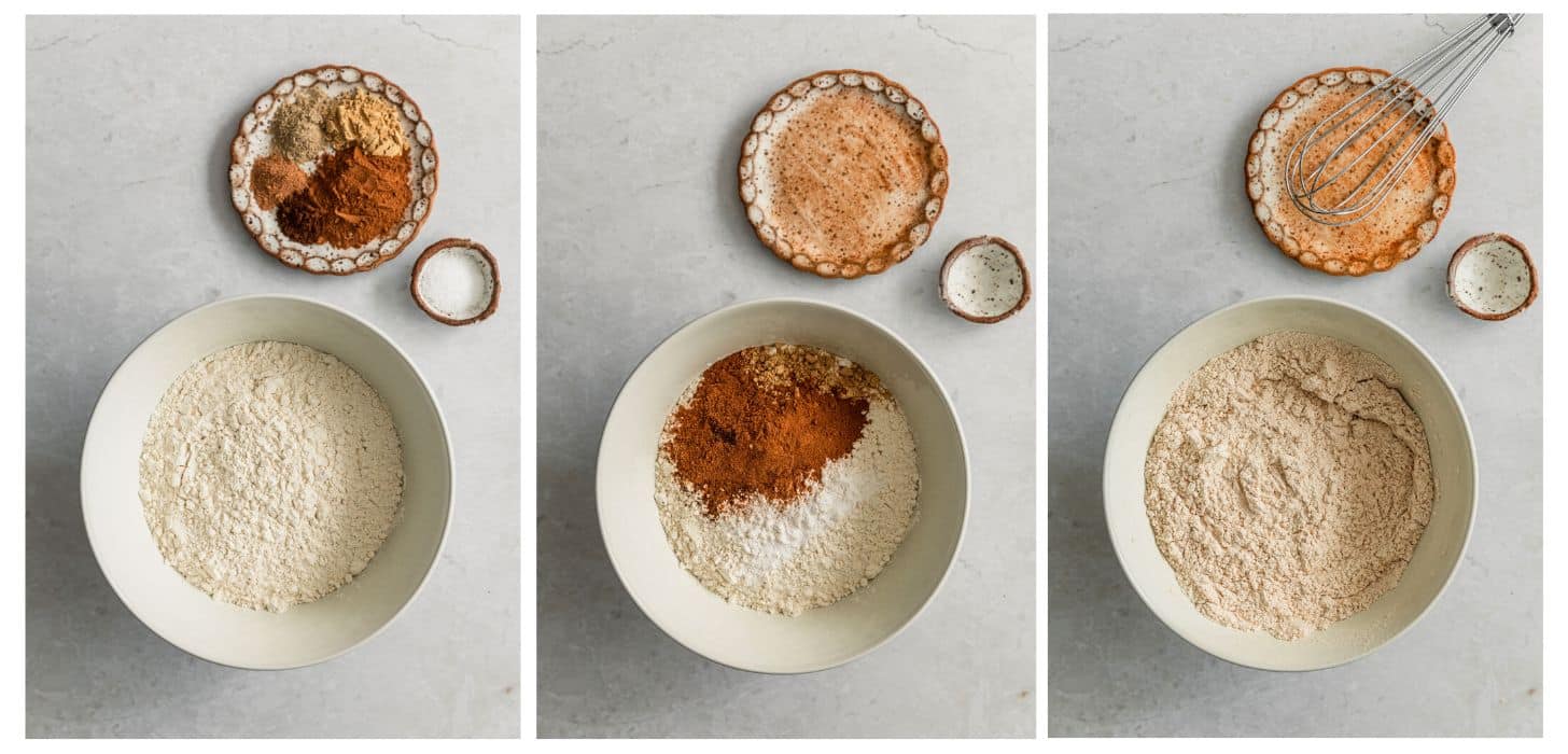 Three steps to mixing flour and spices. In photo 1, a white bowl of flour is on a white counter next to brown bowls of spices and salt. In photo 2, the spices and salt are poured into the bowl of flour. In photo 3, the mixture is whisked together.