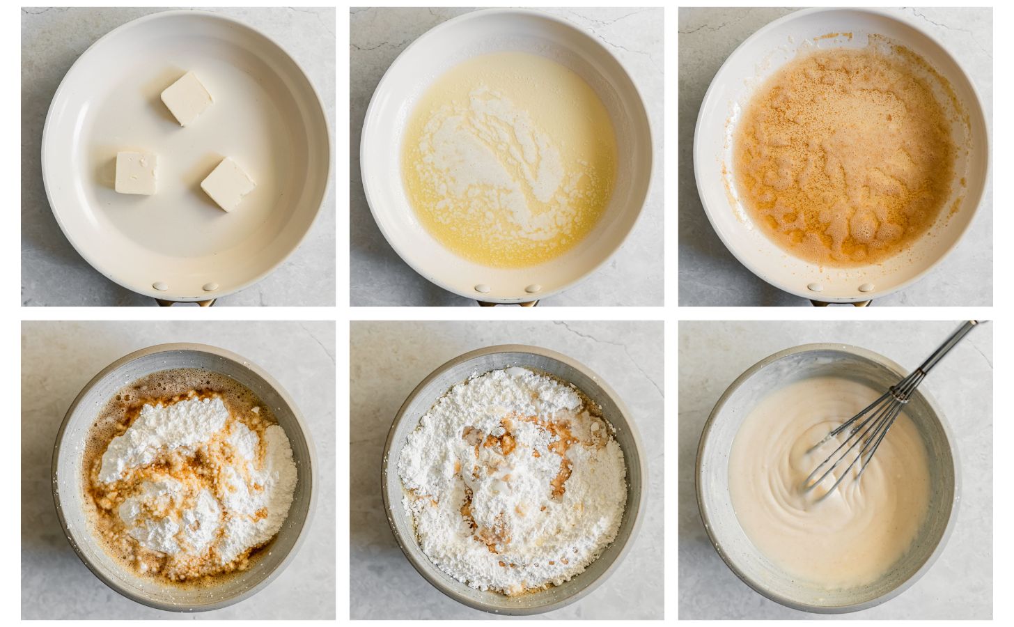 Six steps to making brown butter icing. In photo 1, butter is in a white pan on a white counter. In photo 2, the butter is melted. In photo 3, the butter is browned. In photo 4, a grey bowl has powdered sugar and brown butter in it. In photo 5, the bowl has milk and vanilla in it. In photo 6, the glaze is whisked.
