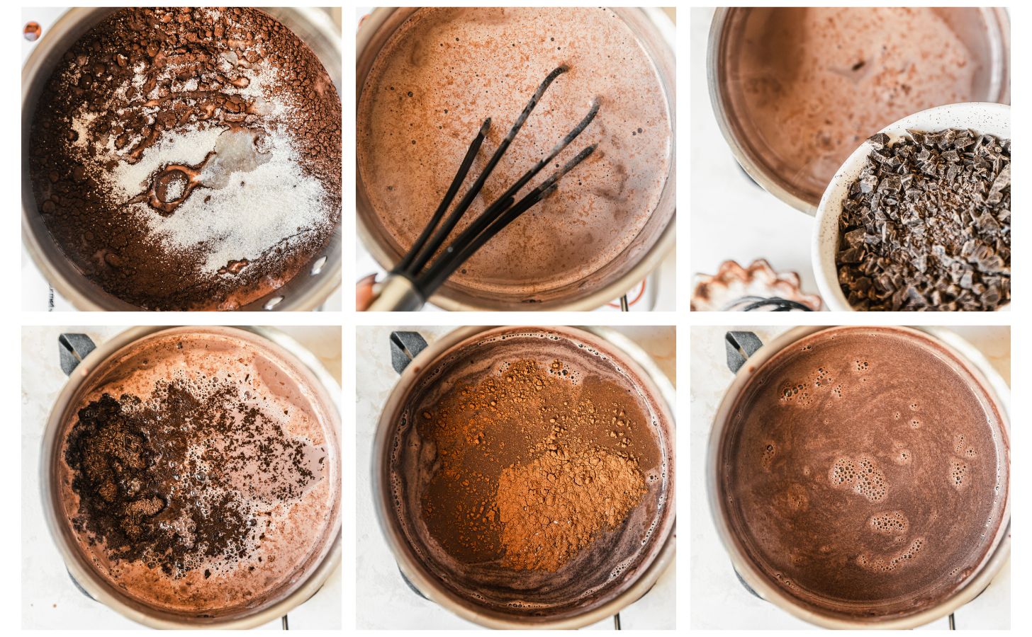 Six steps on how to make cocoa. In photo 1, milk, sugar, and cocoa is in a silver pot. In photo 2, the mixture is being whisked. In photo 3, a white bowl of chocolate is being poured into the pot. In photo 4, the chocolate is melting in the milk. In photo 5, cinnamon is in the pot. In photo 6, the cocoa is mixed together.