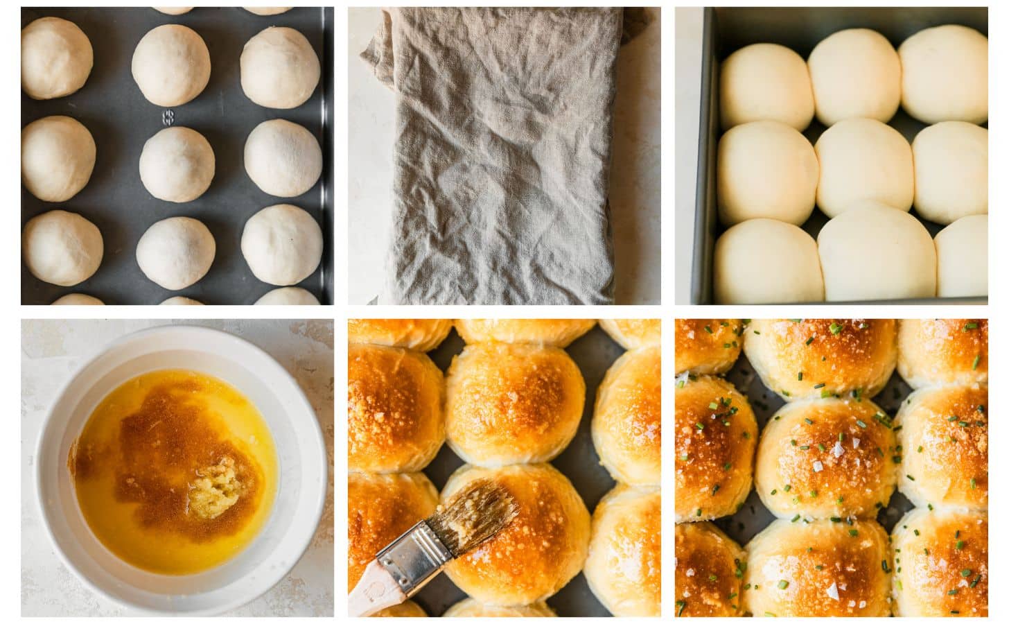 Six steps to making garlic butter dinner rolls. In photo 1, the rolls are placed in a pan. In photo 2, the pan is covered with a tan linen. In photo 3, the rolls have risen. In photo 4, melted butter is mixed with garlic and garlic powder in a white bowl. In photo 5, the garlic butter is brushed on the baked rolls. In photo 6, the rolls are topped with chives and flaky salt.