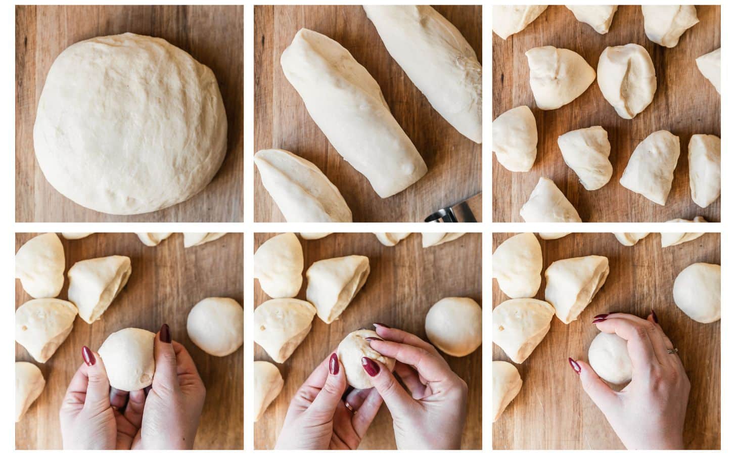 Six steps to shaping dinner rolls. In photo 1, a round of dough is on a wood board. In photo 2, the dough is cut into 3 pieces. In photo 3, the dough is cut in various pieces. In photo 4, a woman's hands are shaping the dough into a ball. In photo 5, the hands are pinching the bottom of the roll. In photo 6, a hand is smoothing the roll on the wood board.