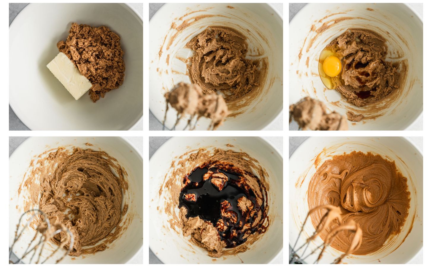 Three steps to mixing cookie dough. In photo 1, butter and brown sugar are in a white bowl. In photo 2, the mixture is creamed. In photo 3, the bowl has an egg in it. In photo 4, the egg is mixed in. In photo 5, molasses is in the bowl. In photo 6, the dough is combined.