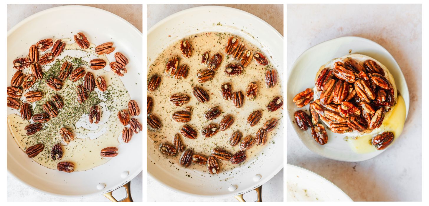 Three steps to making honey baked Camembert. In photo 1, a white pan is filled with pecans, honey, and rosemary on a white counter. In photo 2, the pecan mixture is simmering. In photo 3, the pecans are drizzled over the Camembert.