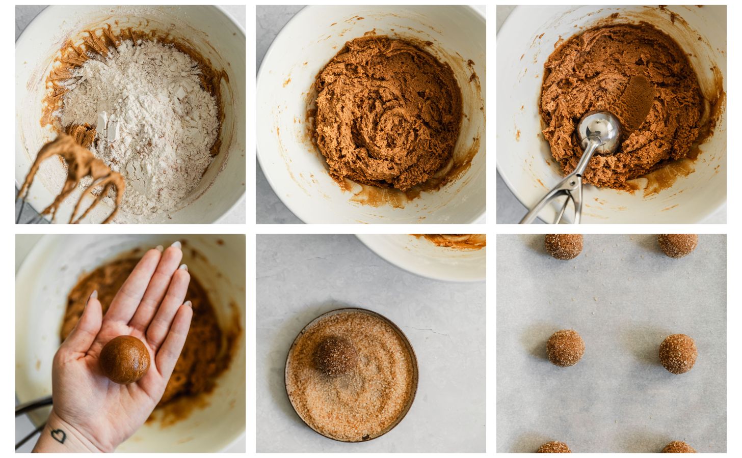 Six steps to making molasses crinkle cookies. In photo 1, a white bowl of cookie dough has flour in it. In photo 2, the dough is mixed. In photo 3, a scoop is scooping the dough. In photo 4, a hand is rolling the dough. In photo 5, the cookie dough ball is being rolled in raw sugar. In photo 6, the cookie dough balls are placed on parchment paper.
