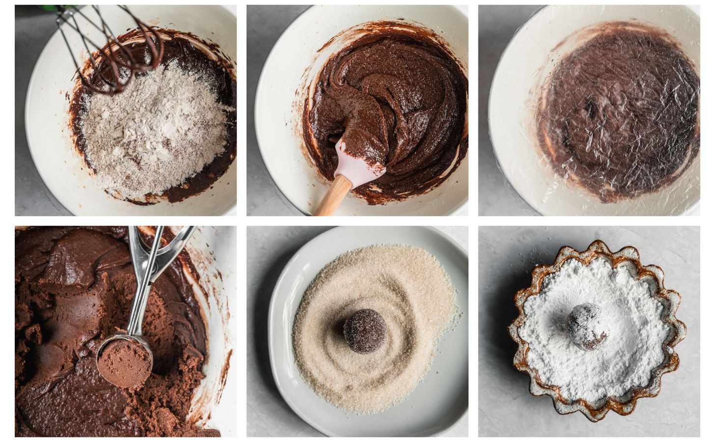 Six steps to making espresso chocolate cookies. In photo 1, a white bowl of chocolate cookie batter is topped with flour. In photo 2, the dough is mixed. In photo 3, the bowl is covered with a bowl cover. In photo 4, the dough is being scooped. In photo 5, a ball of dough is being rolled in a white plate of granulated sugar. In photo 6, the dough ball is being rolled in a brown bowl of powdered sugar.