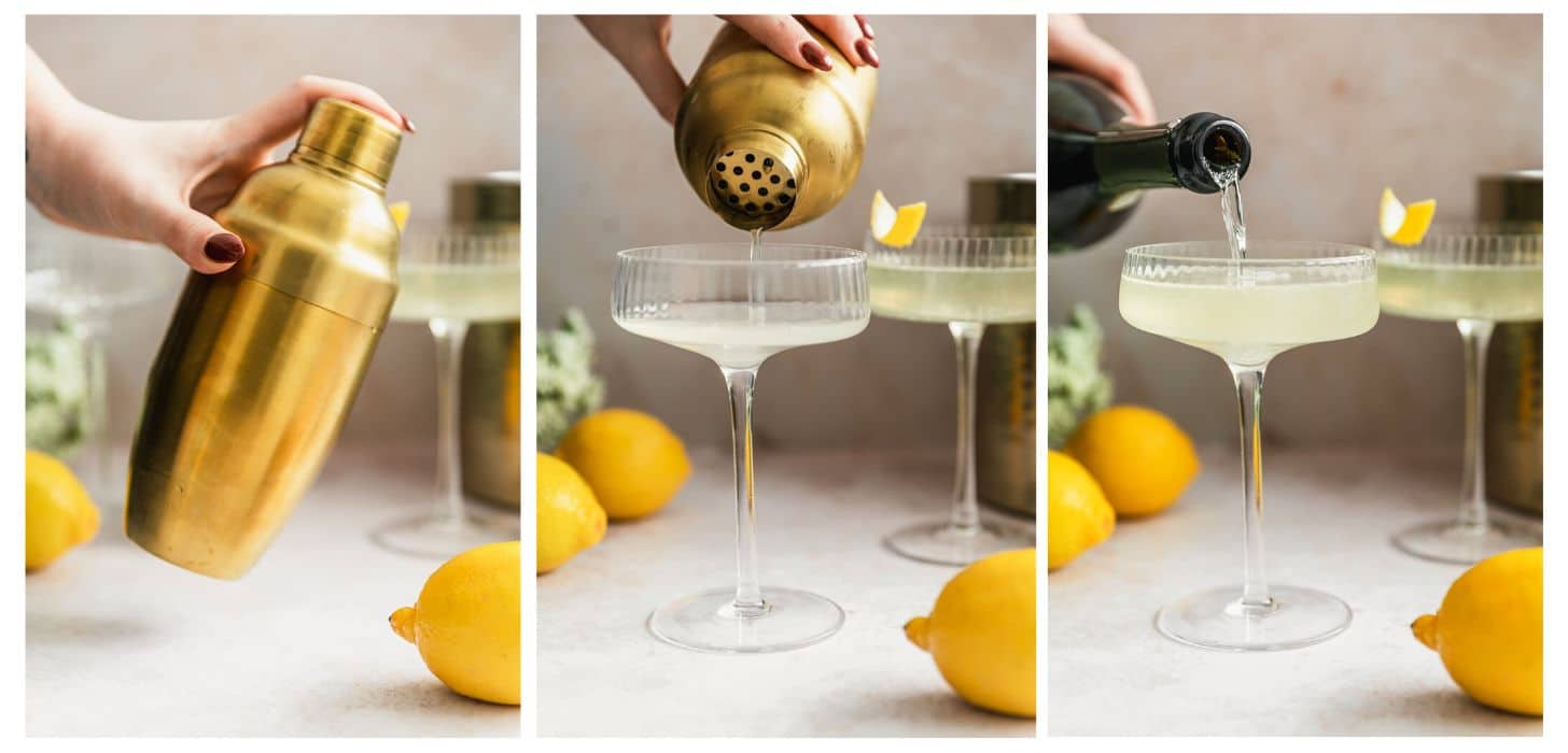 Three steps to making a French 77 cocktail. In photo 1, a hand shakes a gold cocktail shaker over a beige counter with lemons and elderflowers. In photo 2, the hand pours the drink into a coupe glass. In photo 3, the hand pours champagne into the glass.