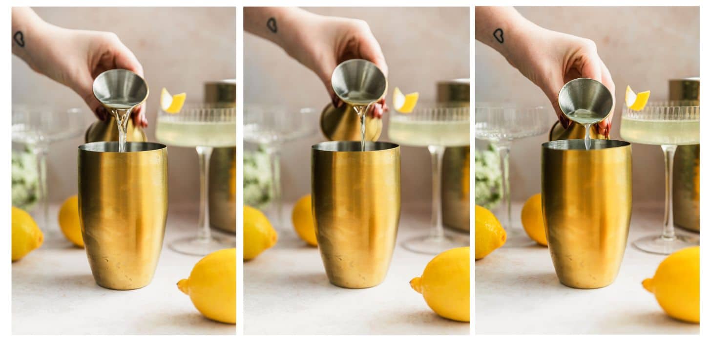 Three steps to making an elderflower French 75. In photo 1, a hand pours elderflower liqueur into a gold cocktail shaker on a beige counter next to lemons and elderflowers. In photo 2, the hand is pouring gin into the shaker. In photo 3, the hand is pouring lemon juice into the shaker.