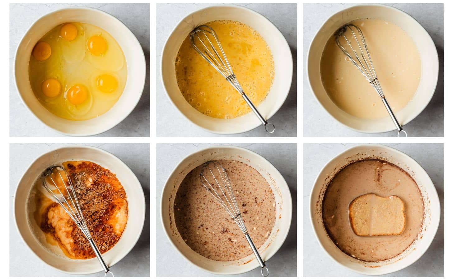 Six steps to making custard. In photo 1, a white bowl of eggs on a white counter. in photo 2, the eggs are whisked. In photo 3, the bowl has milk in it. In photo 4, the bowl has spices and vanilla. In photo 5, the custard is mixed. In photo 6, a piece of bread is in the custard.