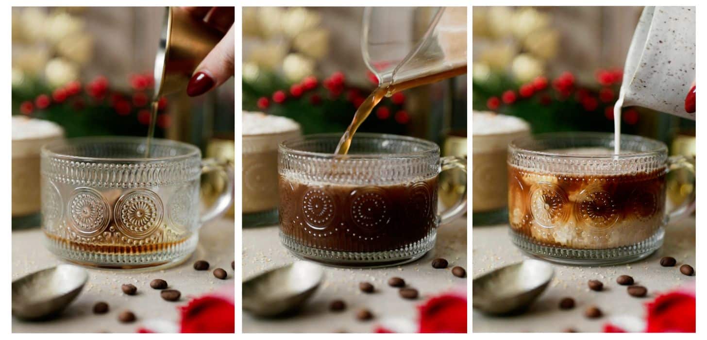 Three steps to making a coffee cocktail. In photo 1, a hand pours alcohol into a glass mug on a beige counter next to garland and gold decorations. In photo 2, a Chemex pours coffee into the mug. In photo 3, a carafe pours milk into the mug.