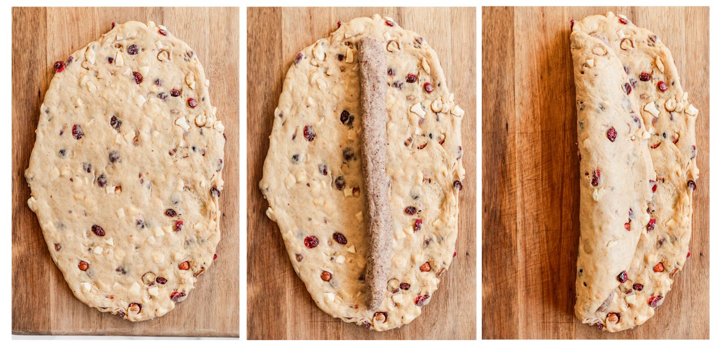 Three steps to shaping German Christmas bread. In photo 1, dough is rolled on a wood board. In photo 2, marzipan is in the center of the dough. In photo 3, one of the sides is rolled over the marzipan.
