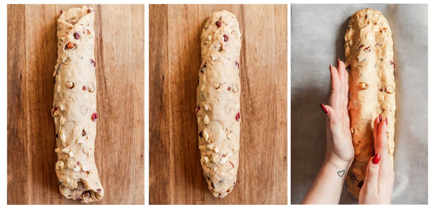 Three steps to shaping stollen. In photo 1, dough is folded on a wood board. In photo 2, the ends are pinched. In photo 3, a hand is shaping the loaf.