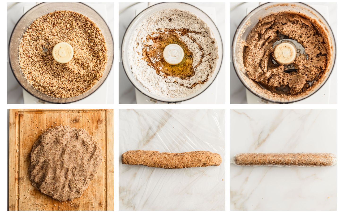 Six steps to making hazelnut marzipan. In photo 1, hazelnut flour in a food processor. In photo 2, the food processor has powdered sugar, an egg white, and vanilla. In photo 3, the marzipan is mixed. In photo 4, the marzipan is kneaded on a wood board. In photo 5, the marzipan is shaped into a log. In photo 6, the marzipan is wrapped.