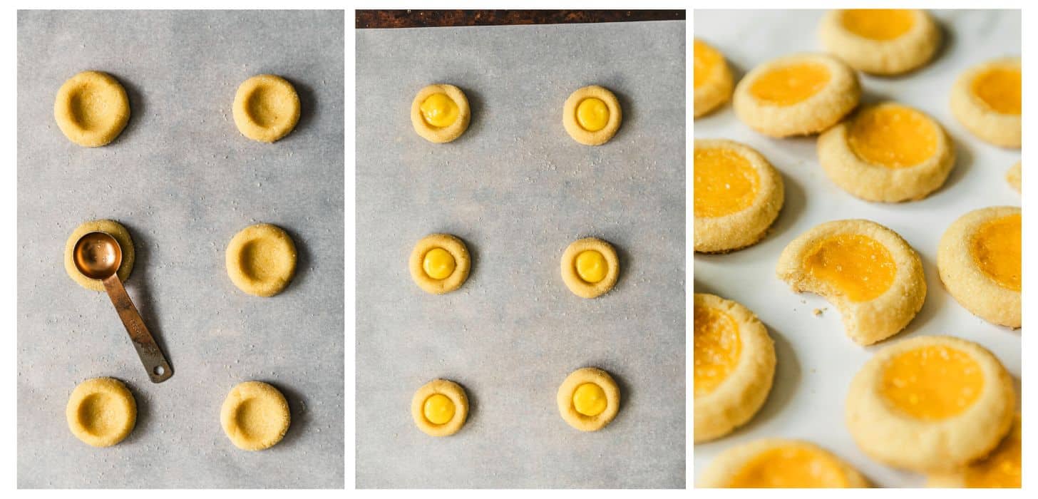 Three steps to making lemon thumbprint cookies. In photo 1, a teaspoon is pressing thumbprint cookies on parchment paper. In photo 2, the cookies are filled with lemon curd. In photo 3, rows of baked cookies are on a white counter.