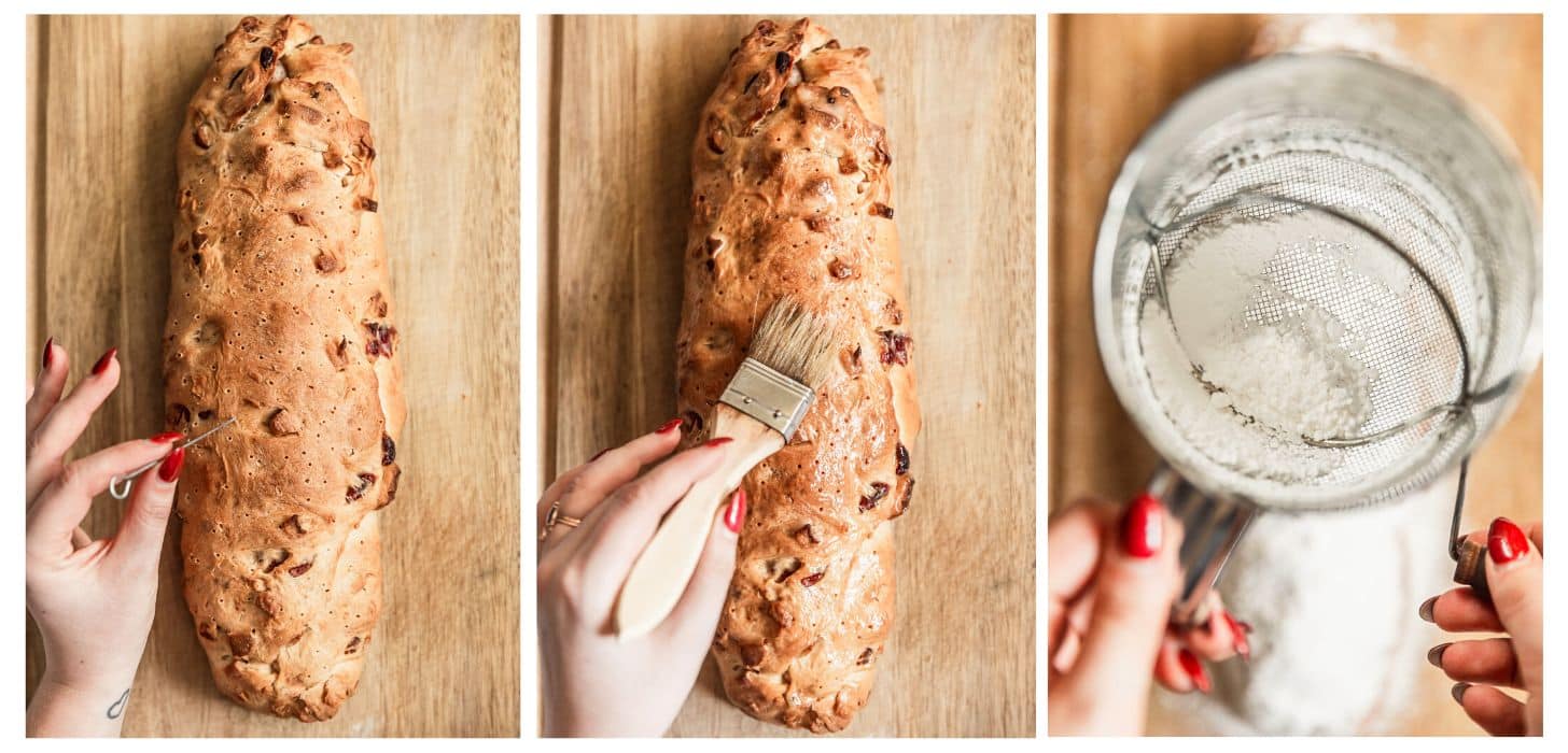Three steps to baking cranberry apple stollen. In photo 1, a hand uses a pick to poke holes over the baked stollen. In photo 2, a hand uses a brush to brush butter over the bread. In photo 3, hands sift powdered sugar over the bread.