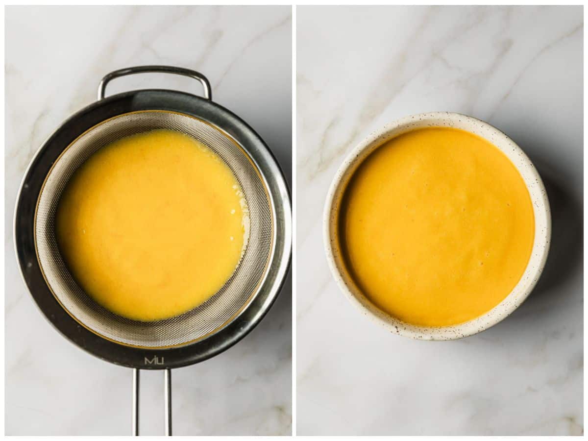 Two steps to straining custard. In photo 1, custard is in a strainer on a white counter. In photo 2, a white bowl of custard is on a white counter.