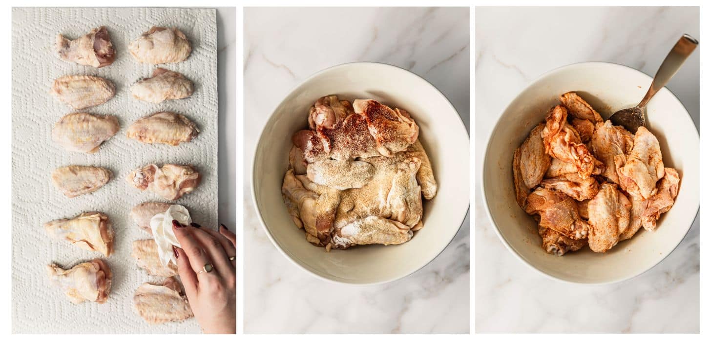 Three steps to prepping chicken wings. In photo 1, a hand dries chicken wings with a paper towel. In photo 2, a white bowl of wings is topped with dry rub. In photo 3, a spoon mixes the wings and rub together.