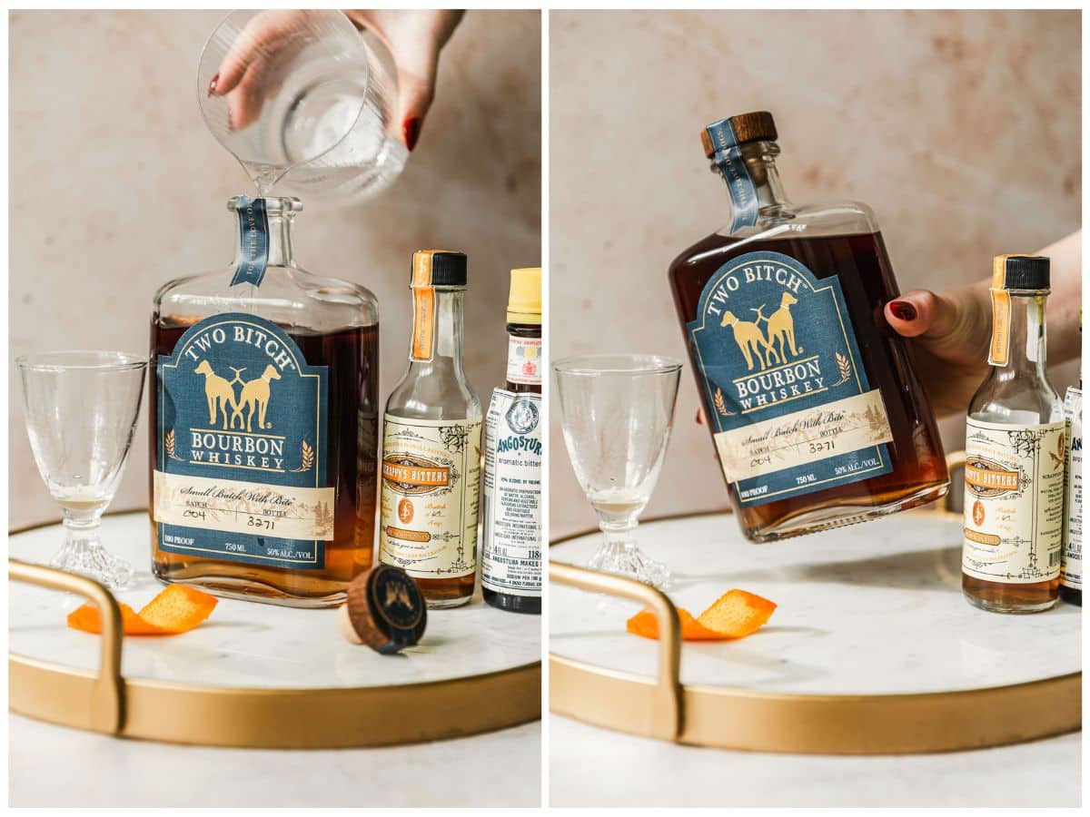 Two steps to making a freezer door old fashioned. In photo 1, a hand pours a glass of water into a bottle of bourbon on a marble background next to bitters. In photo 2, a hand is shaking the bottle.