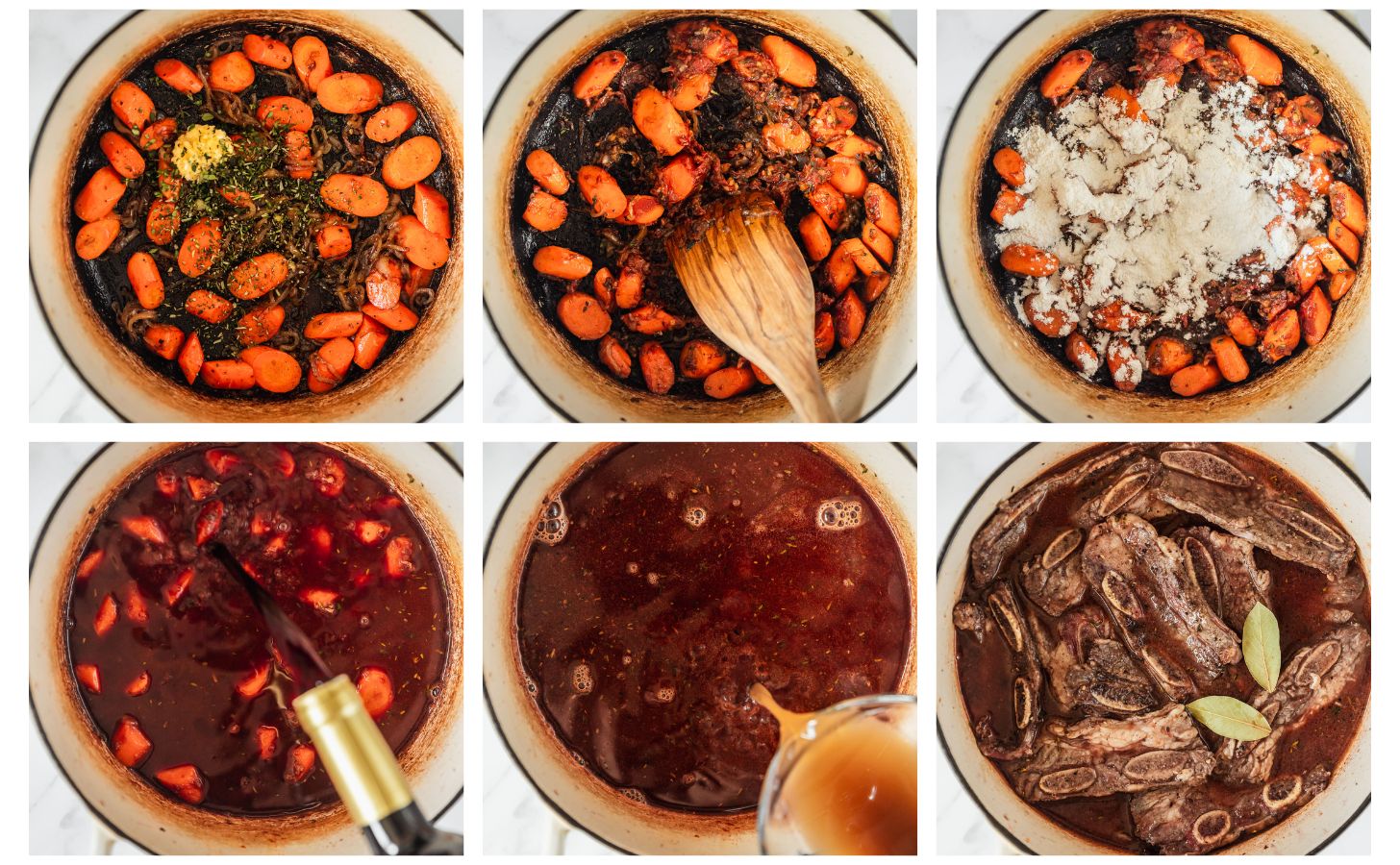 Six steps to making short rib beef bourguignon. In photo 1, carrots and shallots are cooking in a white pot. In photo 2, the pot has tomato paste in it. In photo 3, the pot has flour in it. In photo 4, wine is being poured into the pot. In photo 5, beef broth is being poured into the pot. In photo 6, the pot has short ribs and bay leaves in it.