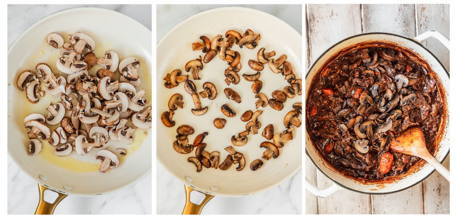 Three pictures to sauteeing mushrooms. In photo 1, a white pan has butter and raw mushrooms. In photo 2, the mushrooms are browned. In photo 3, the mushrooms are added to the stew.