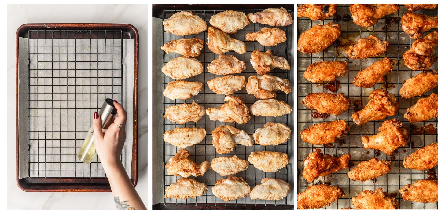 Three steps to baking wings. In photo 1, a hand sprays a baking rack with cooking spray. In photo 2, raw wings are on the rack. In photo 3, the wings are baked.