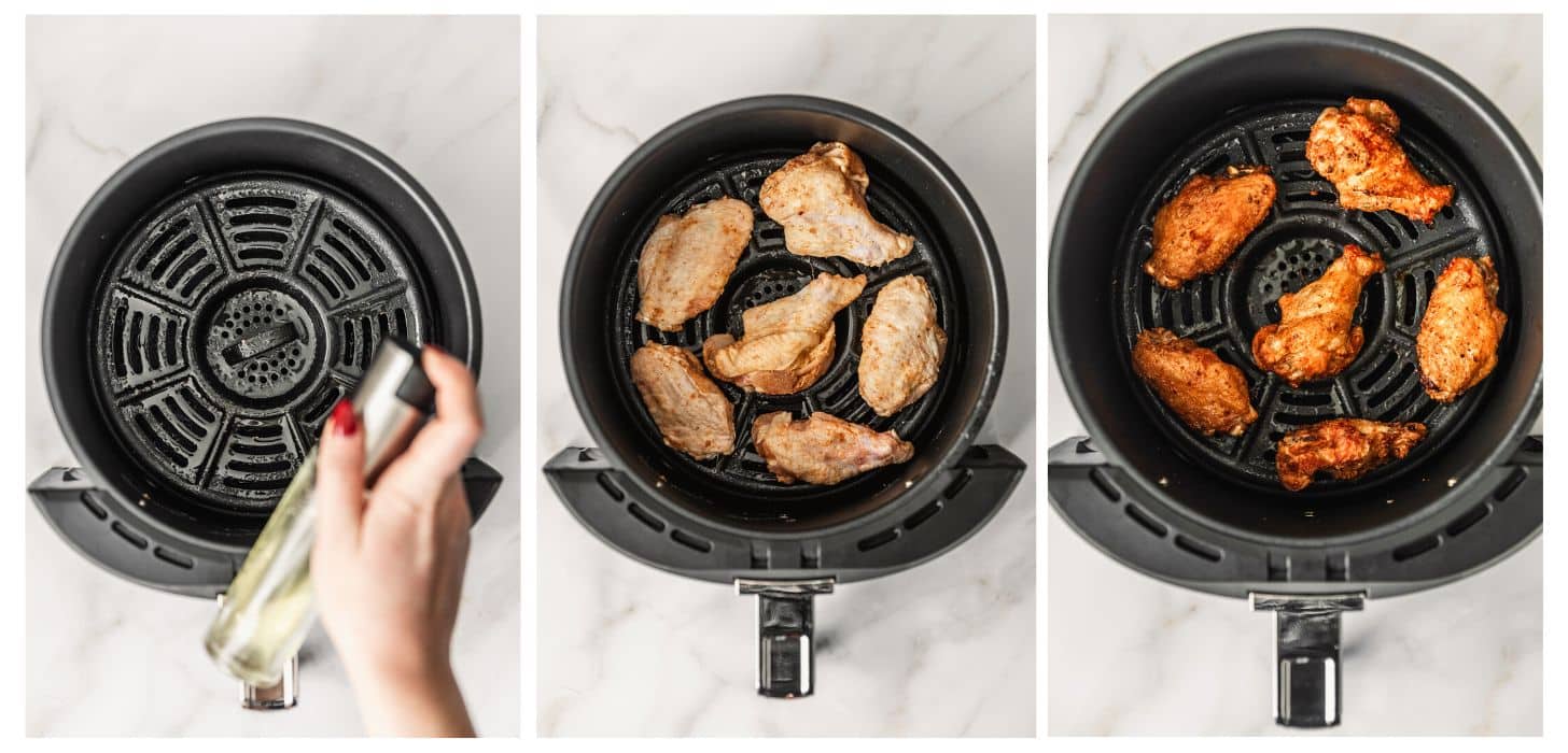 Three steps to air frying wings. In photo 1, a hand is spraying an air fryer basket with cooking spray. In photo 2, the basket has raw wings in it. In photo 3, the wings are cooked.