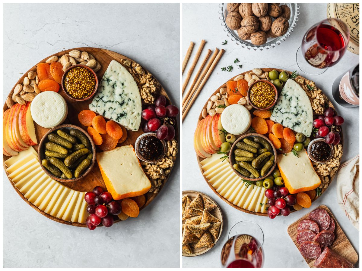 Two steps to making a charcuterie platter. In photo 1, a wood board has cheeses, bowls of cornichons and jam, apples, grapes, and nuts. In photo 2, a charcuterie board is on a marble counter next to red wine, crackers, salami, and walnuts.